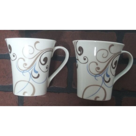 2 Coventry Coffee Mugs Porcelain Fine China CHOCO SCROLL beige blue brown PRETTY - Picture 9 of 9